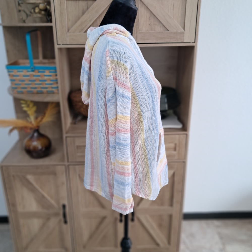 Bucees Knit Hooded Sweater Pastel Colors Striped V-Neck Long Sleeve Beachy Boho - Picture 3 of 12